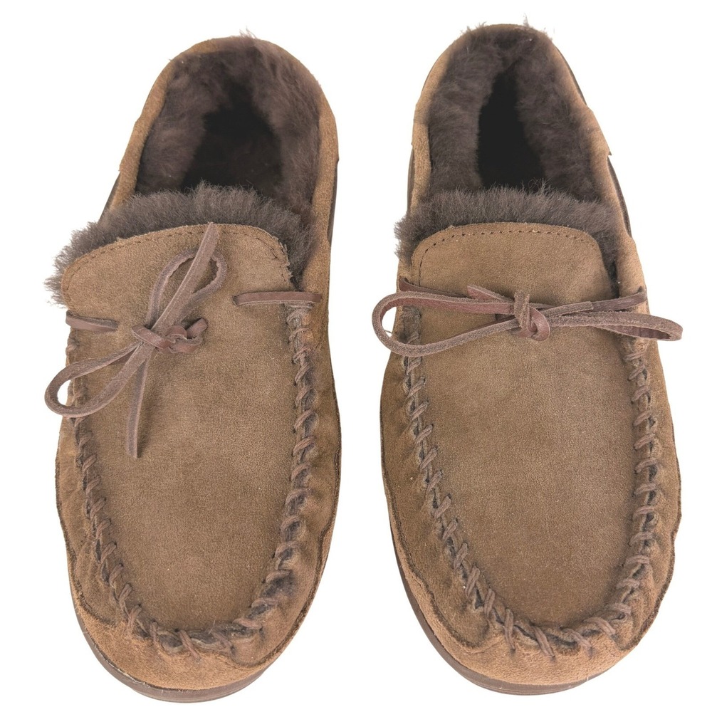 L.L.Bean Mens 9 Wicked Good Moccasin Slippers Shearling Lamb Fur Suede Brown